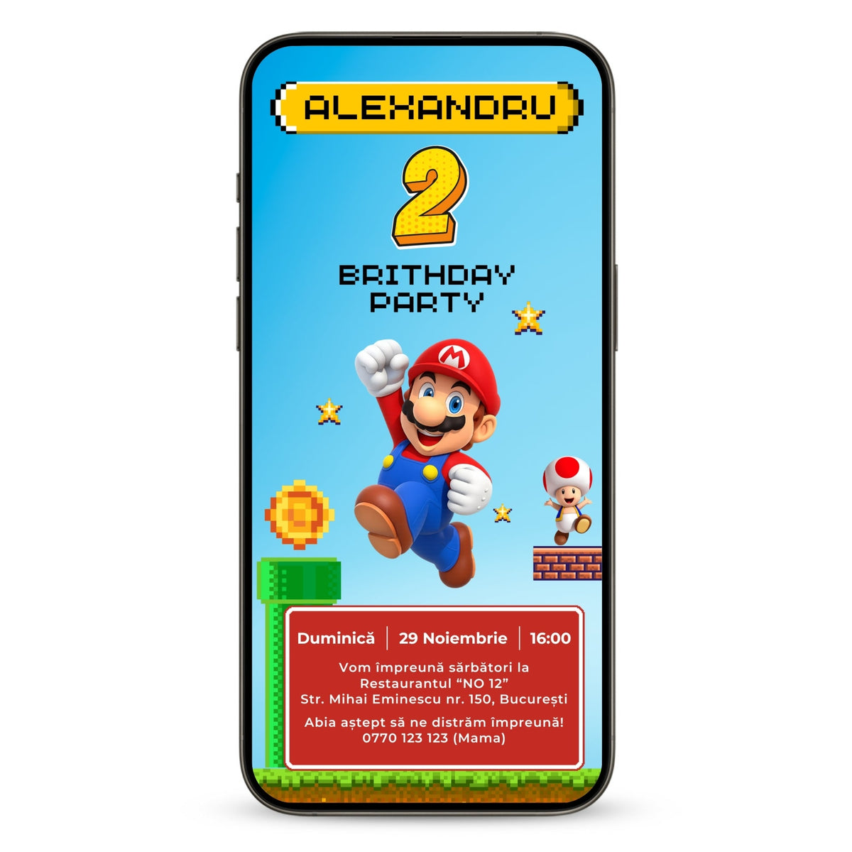Invitatie Zi De Nastere Mario, Format Digital-BalloonEvents.ro