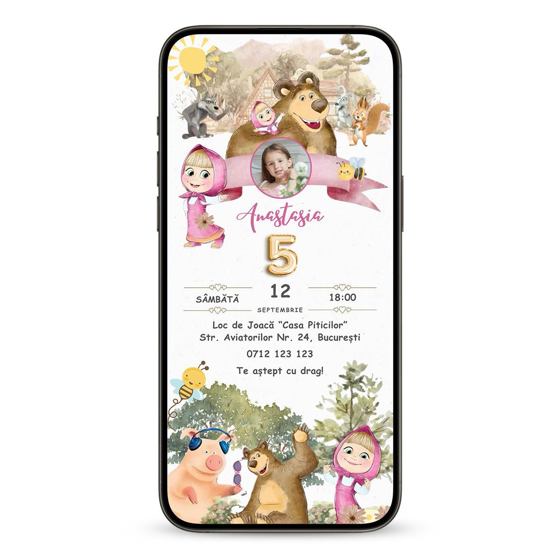 Invitatie Zi De Nastere Masha si Ursul Watercolor, Format Digital-BalloonEvents.ro
