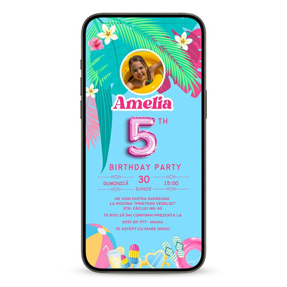 Invitatie Zi De Nastere Tropical Pool Party, Format Digital