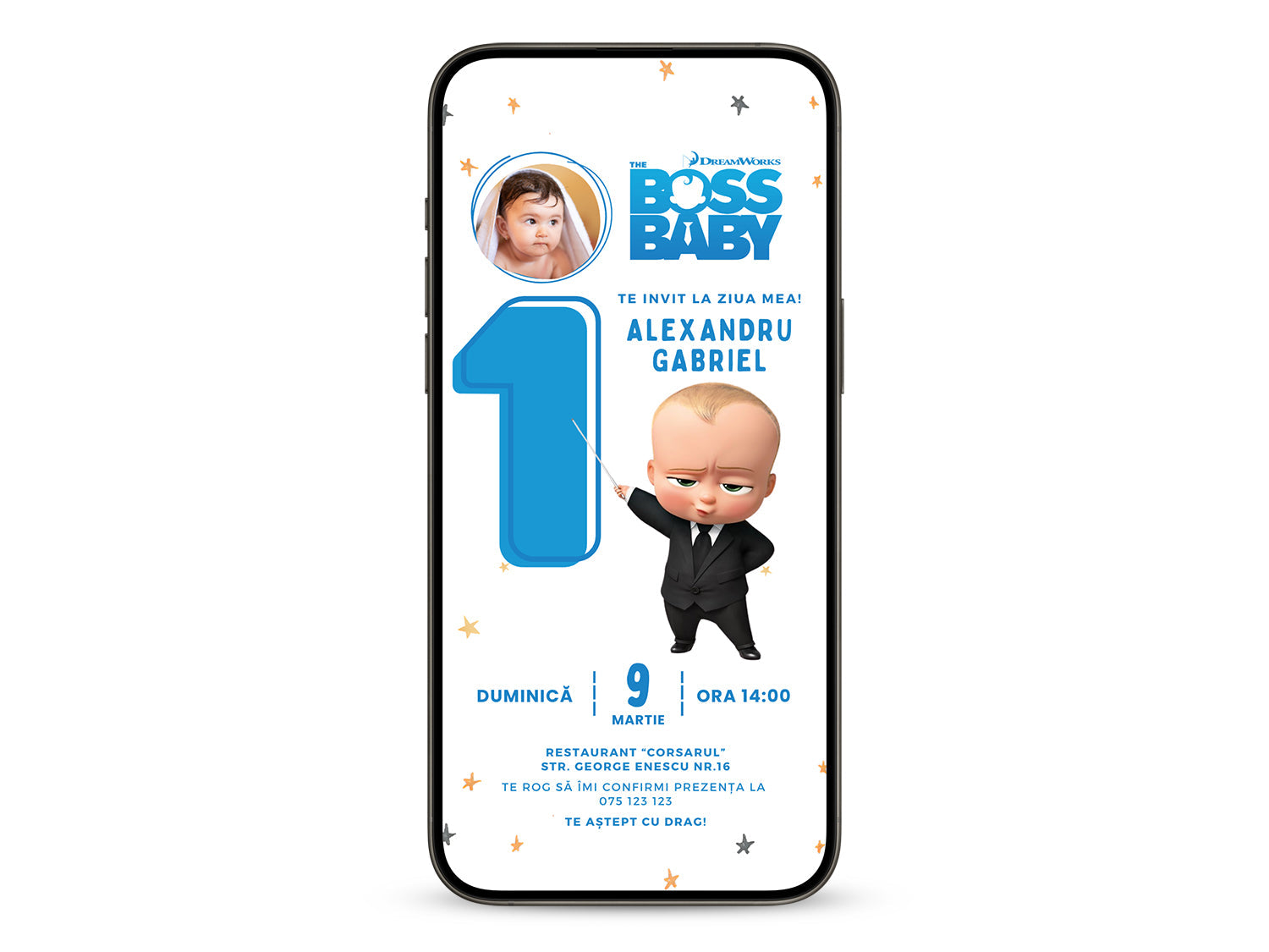 Invitatie Zi de Nastere Baby Bo$, Format Digital