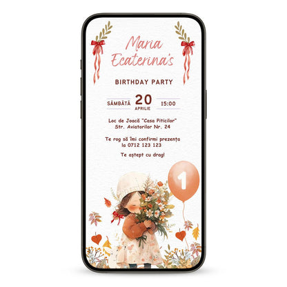 Invitatie Zi de Nastere Fetita Cu Fundite, Format Digital-BalloonEvents.ro