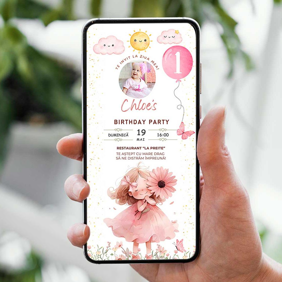 Invitatie Zi de Nastere Fetita Florilor, Format Digital-BalloonEvents.ro