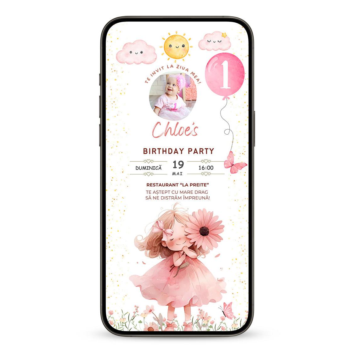 Invitatie Zi de Nastere Fetita Florilor, Format Digital-BalloonEvents.ro