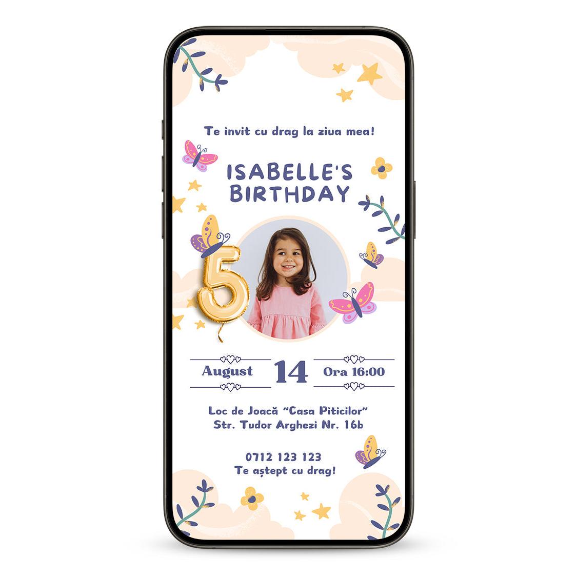 Invitatie Zi de Nastere Fluturasi, Format Digital-BalloonEvents.ro