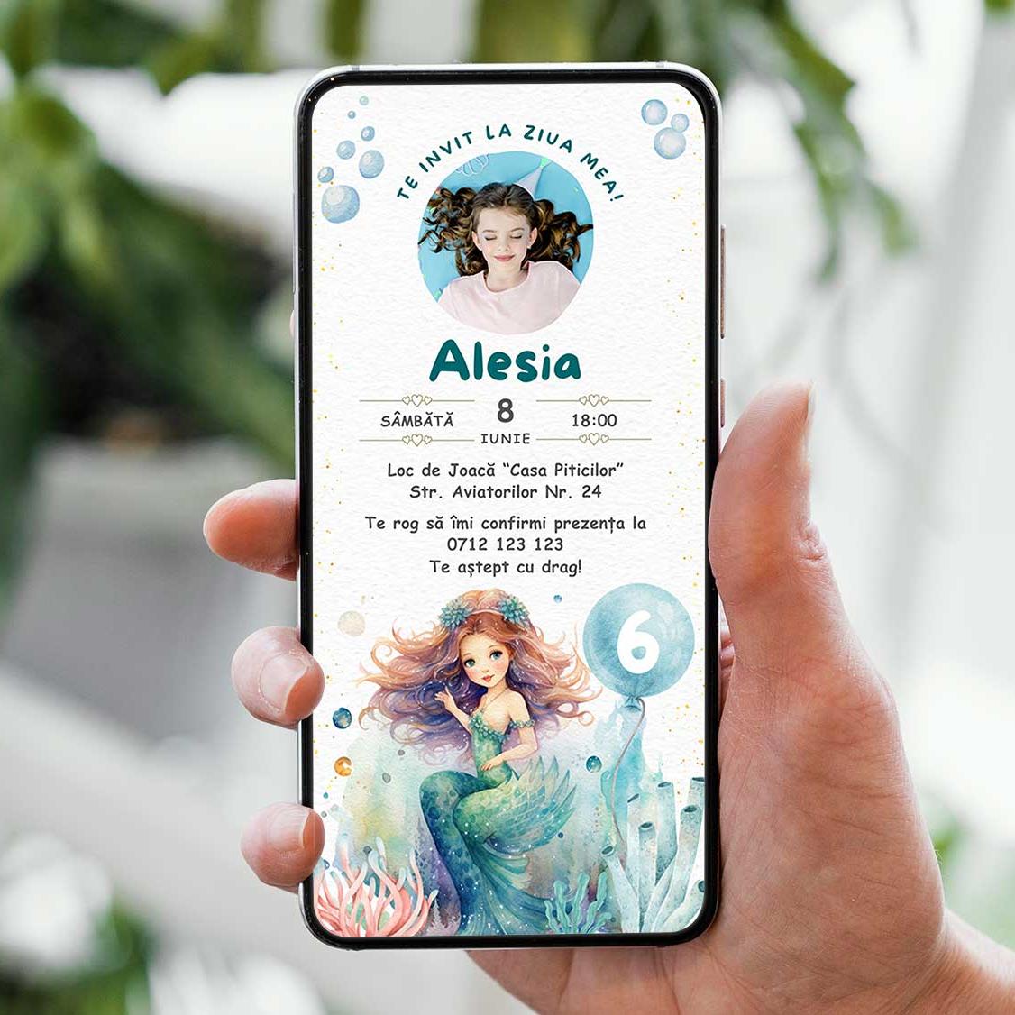 Invitatie Zi de Nastere Micuta Sirena Retro, Format Digital-BalloonEvents.ro