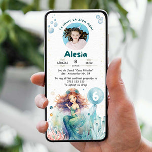 Invitatie Zi de Nastere Micuta Sirena Retro, Format Digital-BalloonEvents.ro