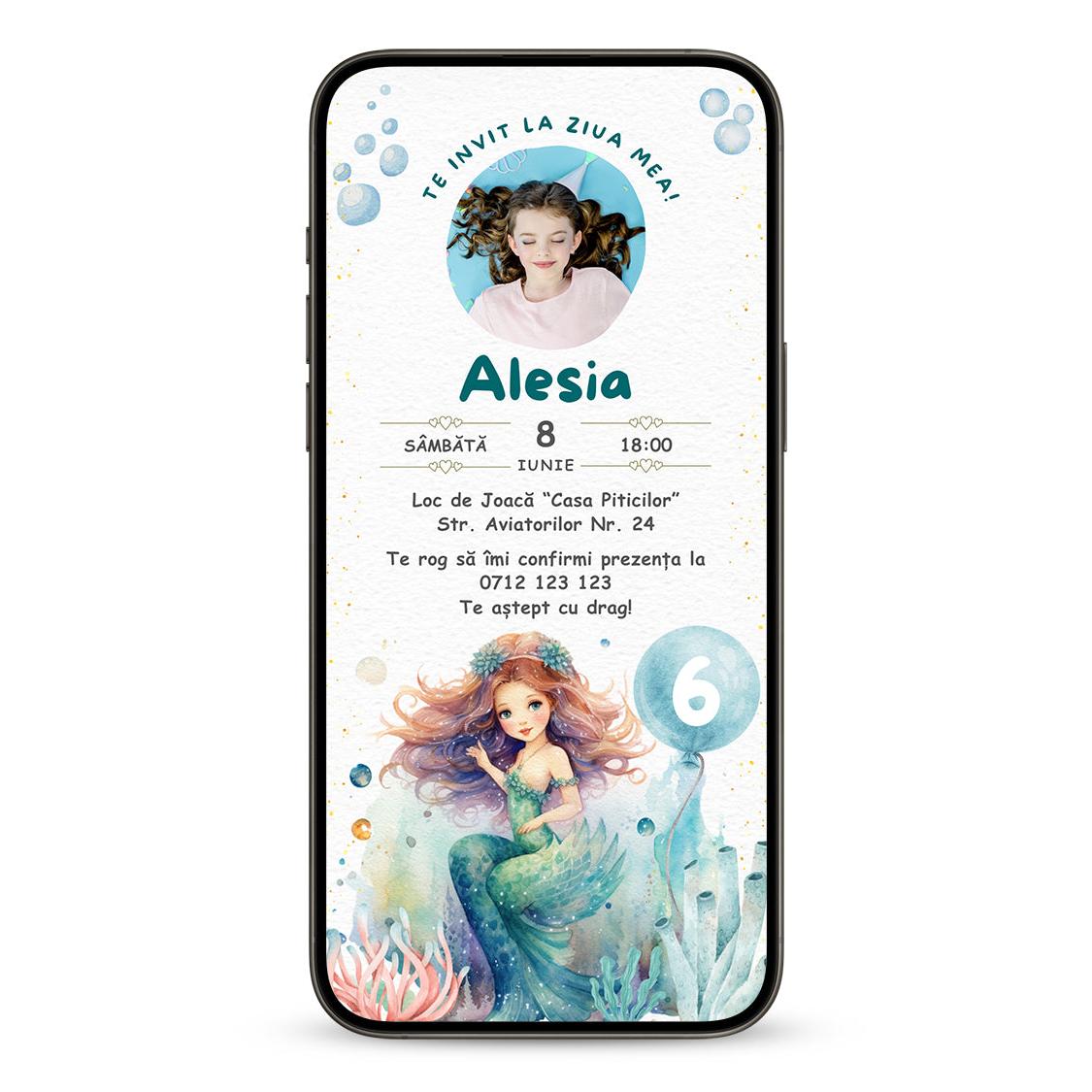 Invitatie Zi de Nastere Micuta Sirena Retro, Format Digital-BalloonEvents.ro