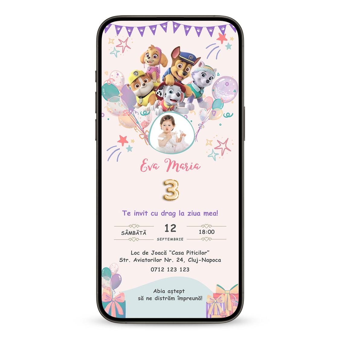 Invitatie Zi de Nastere Patrula Catelusilor Fetita, Format Digital-BalloonEvents.ro