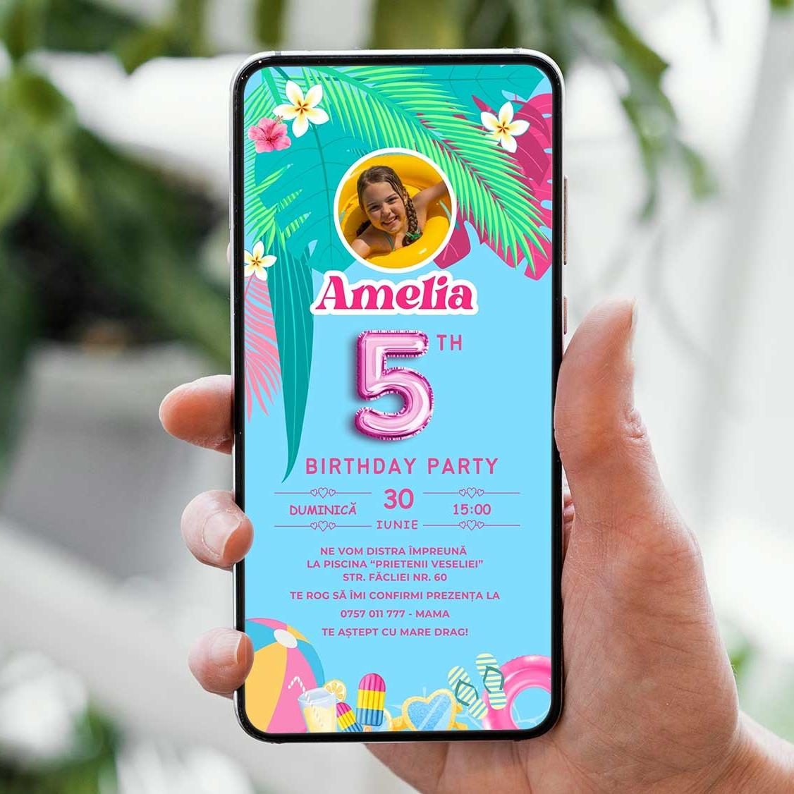 Invitatie Zi de Nastere Tropical Pool Party, Format Digital-BalloonEvents.ro
