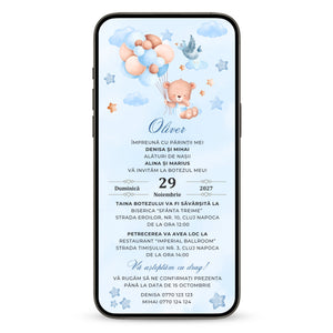 Invitatie Botez Balloon Bouquet Boy, Format Digital