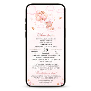 Invitatie Botez Balloon Bouquet Girl, Format Digital