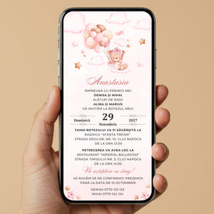 Invitatie Botez Balloon Bouquet Girl, Format Digital