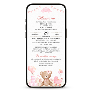 Invitatie Botez Ursuletul Jucaus Baby Girl, Format Digital