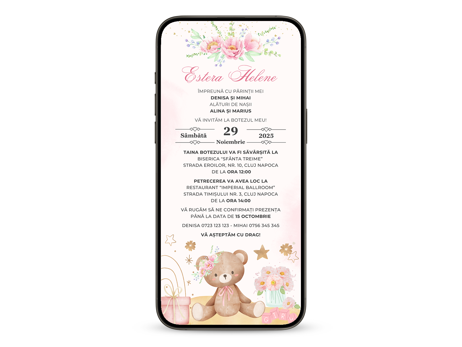 Invitatie Botez Lady Baby Bear, Format Digital-BalloonEvents.ro