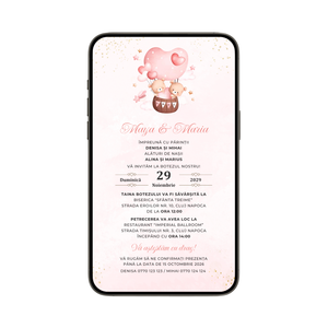Invitatie Botez Gemeni Fetite, My Baby Hearts, Format Digital-BalloonEvents.ro