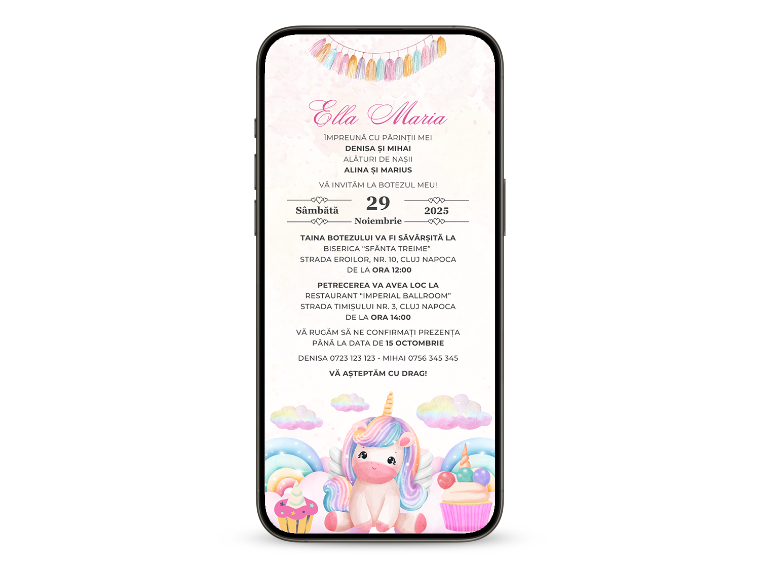 Invitatie Botez Special Unicorn, Format Digital-BalloonEvents.ro