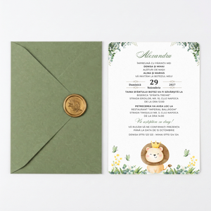 Invitatie Botez Lion, Hartie Texturata, Plic Cartonat si Sigiliu Ceara Inclus